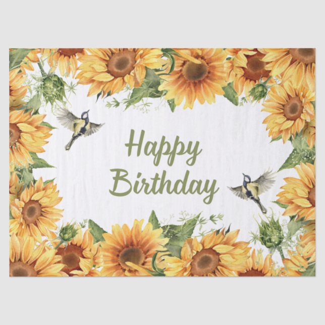 Happy Birthday Watercolor Sunflowers & Birds  Tissue Paper (Front)
