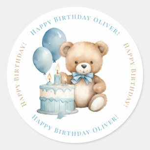 Happy Birthday Watercolor Teddy Bear and Cake Classic Round Sticker