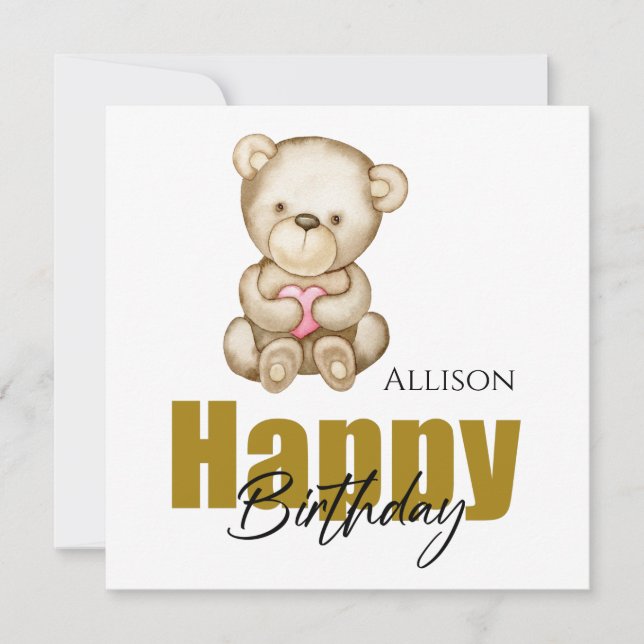 Happy Birthday Watercolor Teddy Bear Card (Front)