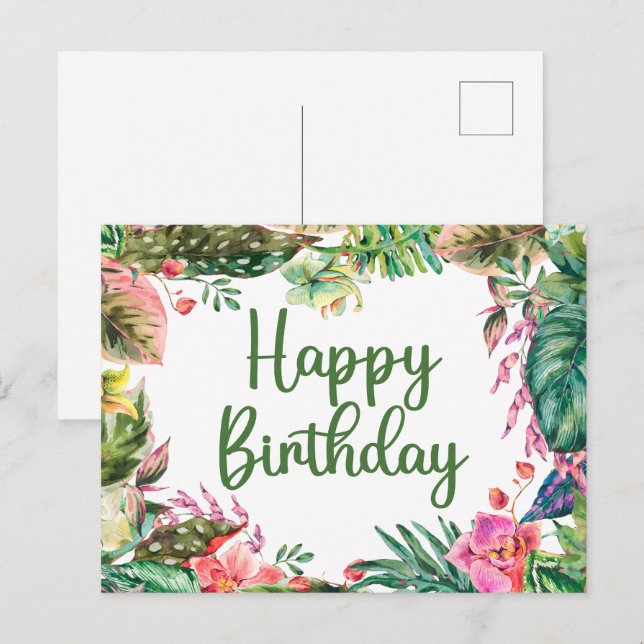 Happy Birthday Watercolor Tropical Leaves, Flowers Postcard (Front/Back)