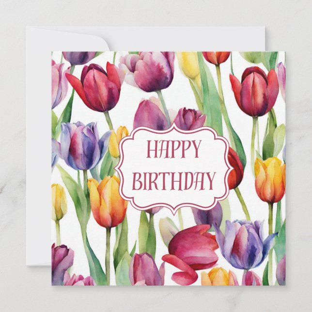 Happy Birthday Watercolor Tulip Flowers Card (Front)