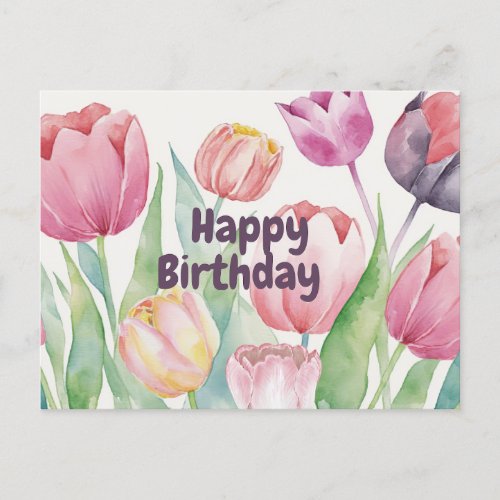 Happy Birthday Watercolor Tulips Abstract Floral Postcard