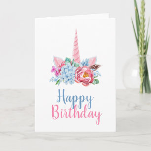 Happy Birthday Watercolor Unicorn Floral Crown Card