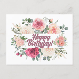 Happy Birthday Watercolor Vintage Roses Floral Postcard
