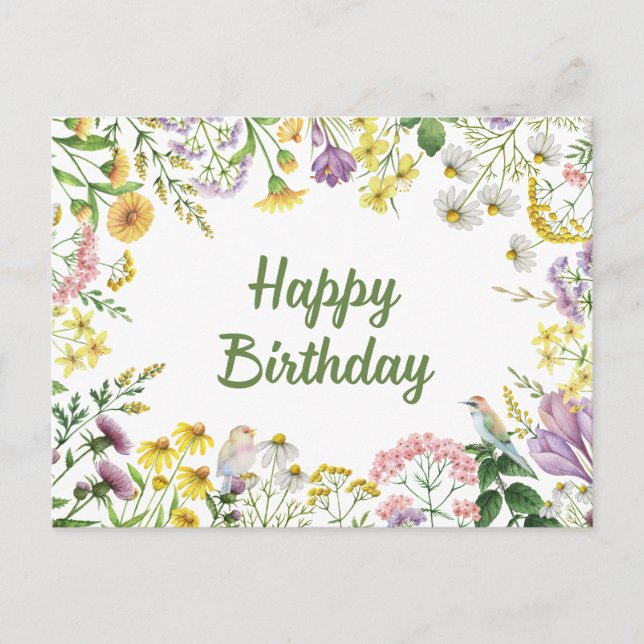 Happy Birthday Watercolor Wildflowers and Birds Postcard (Front)