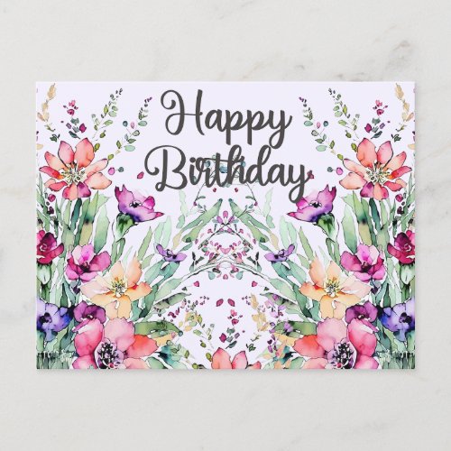 Happy Birthday Watercolor Wildflowers Field Postcard