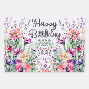 Happy Birthday Watercolor Wildflowers Field Wrapping Paper Sheets