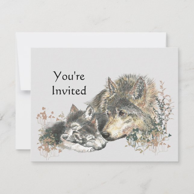 Happy Birthday Watercolor Wolf & Cub Animals Invit Invitation (Front)