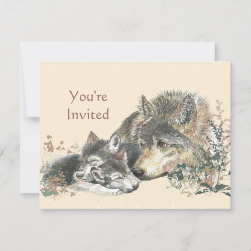 Happy Birthday Watercolor Wolf  Cub Animals Invitation