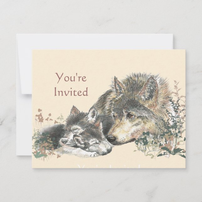 Happy Birthday Watercolor Wolf & Cub Animals Invitation (Front)