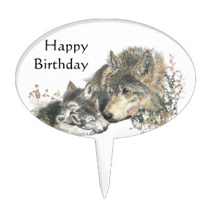 Happy Birthday Watercolor Wolf & Cubs Animal Art Cake Topper