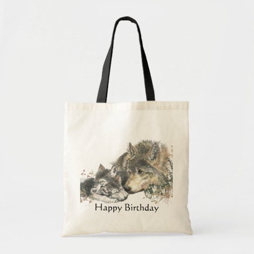 Happy Birthday Watercolor Wolf  Cubs Animal Art Tote Bag