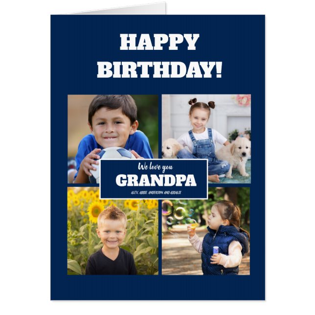 Happy Birthday We Love You Grandpa 4 Photo Blue  Card (Front)