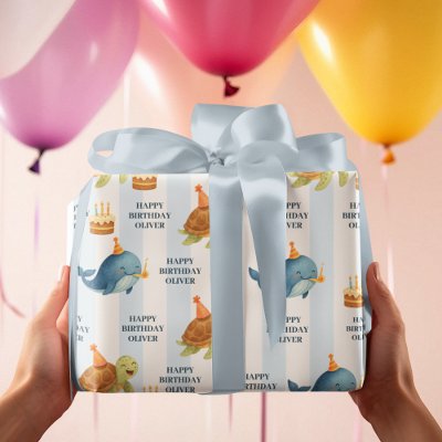 Happy Birthday Whale &amp; Turtle  | Nautical Blue  Wrapping Paper
