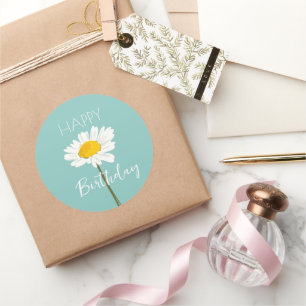 Happy Birthday While Daisy Flower  Classic Round Sticker