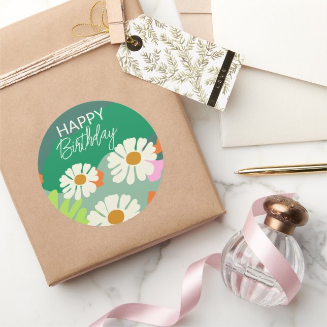 Happy Birthday While Summer Artistic Flower  Classic Round Sticker (Gifting)