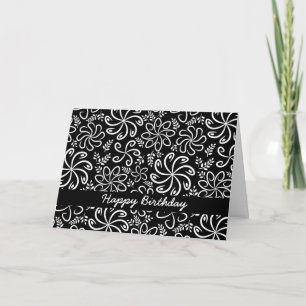 Happy Birthday Whimsical Black White Spiral Flower Card
