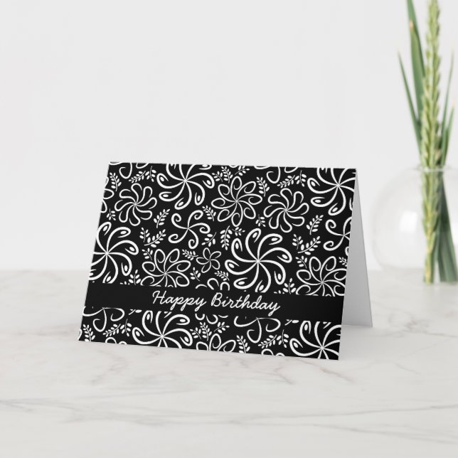 Happy Birthday Whimsical Black White Spiral Flower Card (Front)