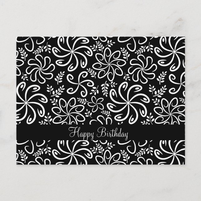 Happy Birthday Whimsical Black White Spiral Flower Postcard (Front)