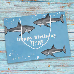 Happy Birthday Whimsical Blue Ocean Sharks Fun  Large Gift Bag