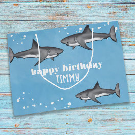 Happy Birthday Whimsical Blue Ocean Sharks Fun Large Gift Bag