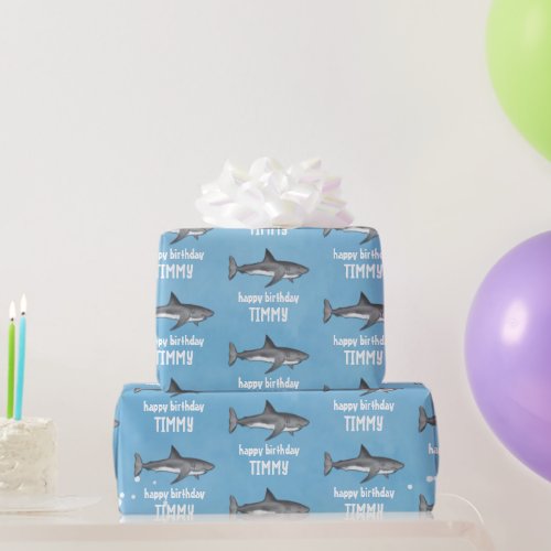 Happy Birthday Whimsical Blue Ocean Sharks Fun Wrapping Paper