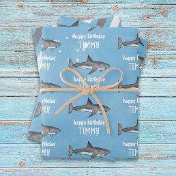 Happy Birthday Whimsical Blue Ocean Sharks Fun Wrapping Paper Sheets