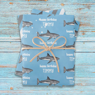 Happy Birthday Whimsical Blue Ocean Sharks Fun Wrapping Paper Sheets