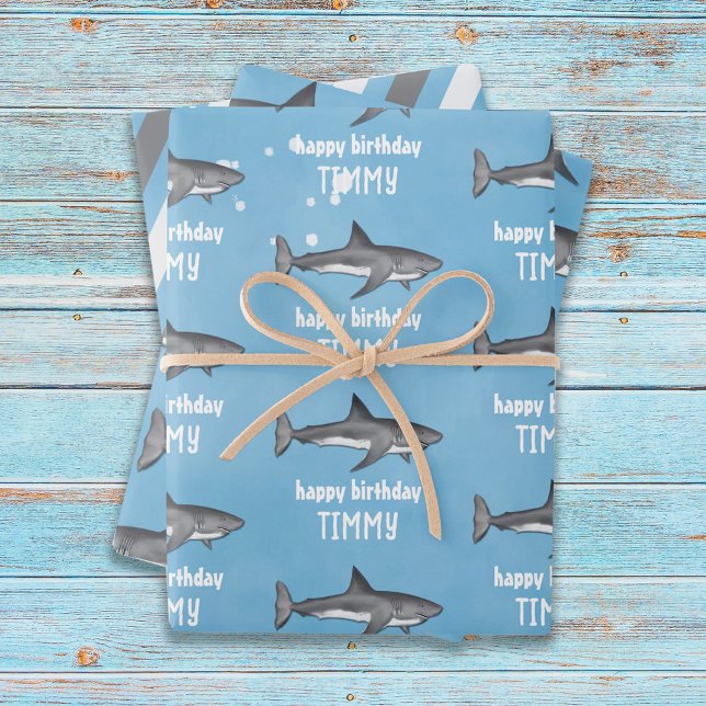 Happy Birthday Whimsical Blue Ocean Sharks Fun Wrapping Paper Sheets (Creator Uploaded)