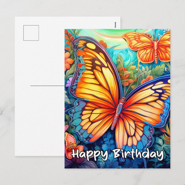 Happy Birthday Whimsical Butterfly Design Holiday Postcard (Front/Back)