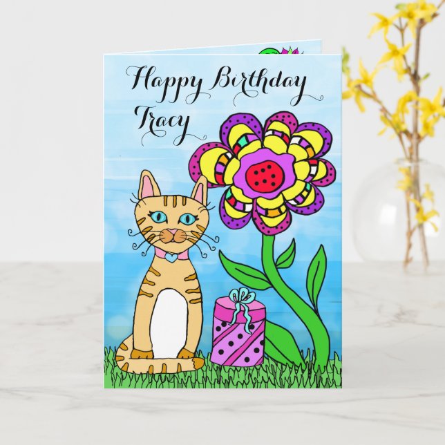 Happy Birthday Whimsical Cat and Flowers Card (Yellow Flower)