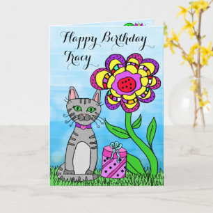 Happy Birthday Whimsical Cat and Flowers Card