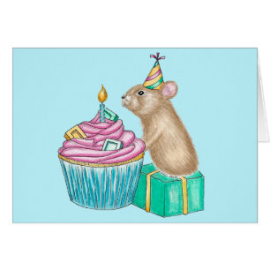 Happy Birthday Whimsical Cupcake Pika Illustration Cards