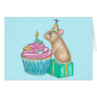 Happy Birthday Whimsical Cupcake Pika Illustration Cards