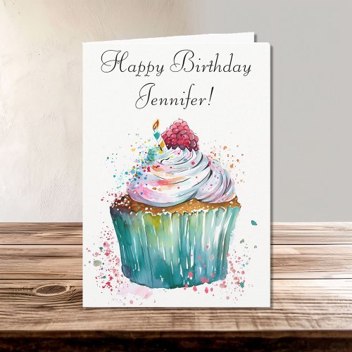 Happy Birthday Whimsical Cupcake with Candle Card