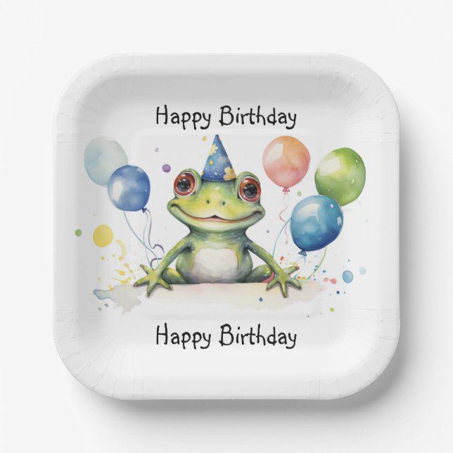 Happy Birthday Whimsical cute frog with balloons Paper Plates (Front)