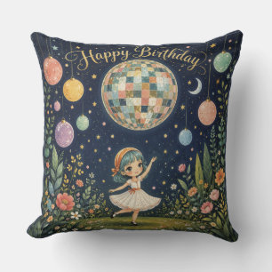 Happy Birthday Whimsical Disco Ball Girl Throw Pillow