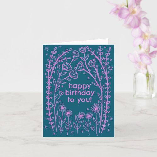 Happy Birthday Whimsical Floral Sketch Doodle  Card