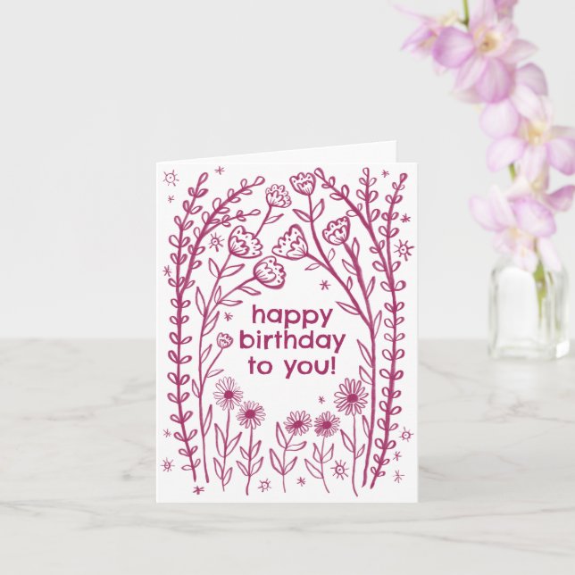 Happy Birthday Whimsical Floral Sketch Doodle  Card (Orchid)