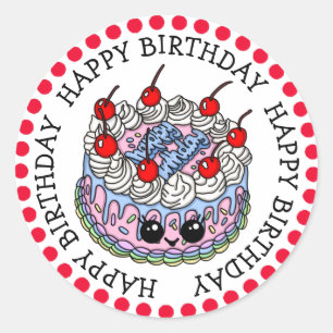 Happy Birthday Whimsical Hand drawn Cake Classic Round Sticker