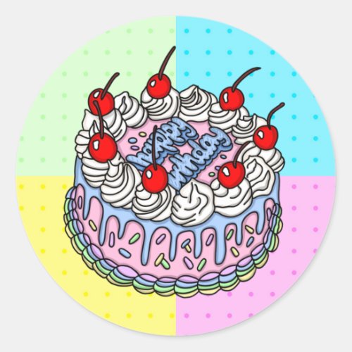 Happy Birthday Whimsical Hand drawn Cake Classic Round Sticker