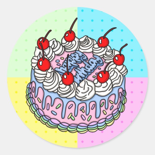 Happy Birthday Whimsical Hand drawn Cake Classic Round Sticker (Front)