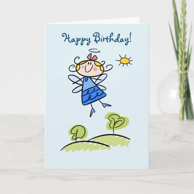 Happy Birthday Whimsical Happy Flying Angel Fairy Card (Front)