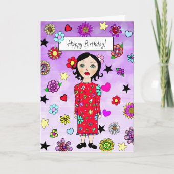 Happy Birthday Whimsical Lady with Flowers Card | Zazzle