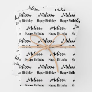 Happy Birthday White and Black Name Pattern Wrapping Paper Sheets