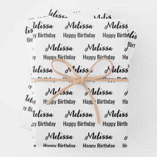 Happy Birthday White and Black Name Pattern Wrapping Paper Sheets