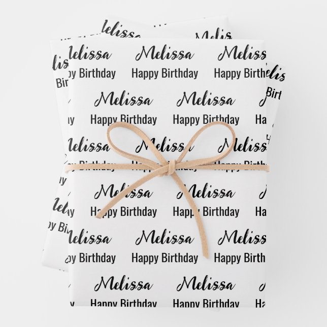 Happy Birthday White and Black Name Pattern Wrapping Paper Sheets (In situ)