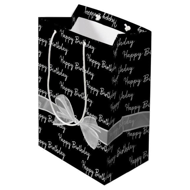 Happy Birthday White Bow On Black Medium Gift Bag (Back Angled)