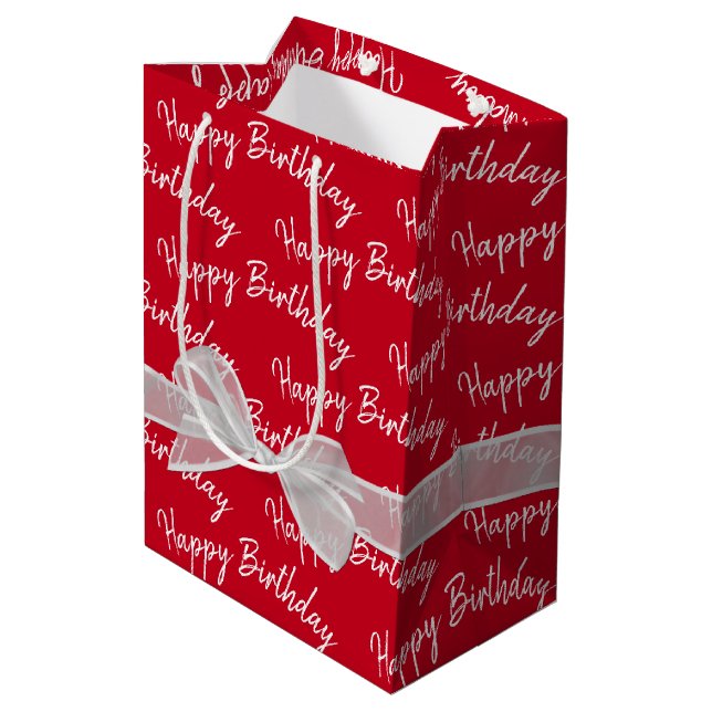 Happy Birthday White Bow On Red Medium Gift Bag (Back Angled)