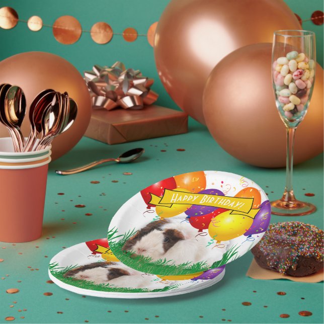 Happy Birthday White Guinea Pig Party Balloons Paper Plates (Multi)